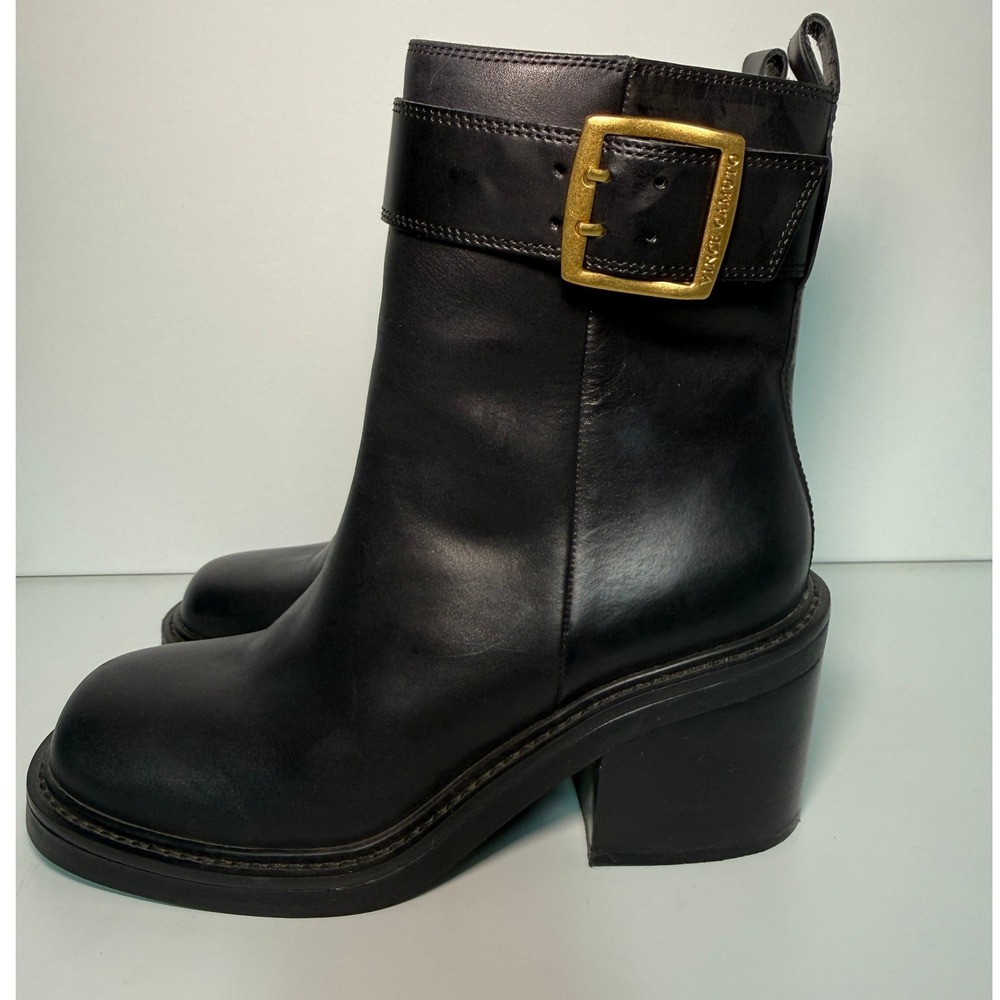 Vince Camuto Black Leather Moto Ankle Boots Gold Buckle Block‎ Heel Square Toe - Picture 2 of 15
